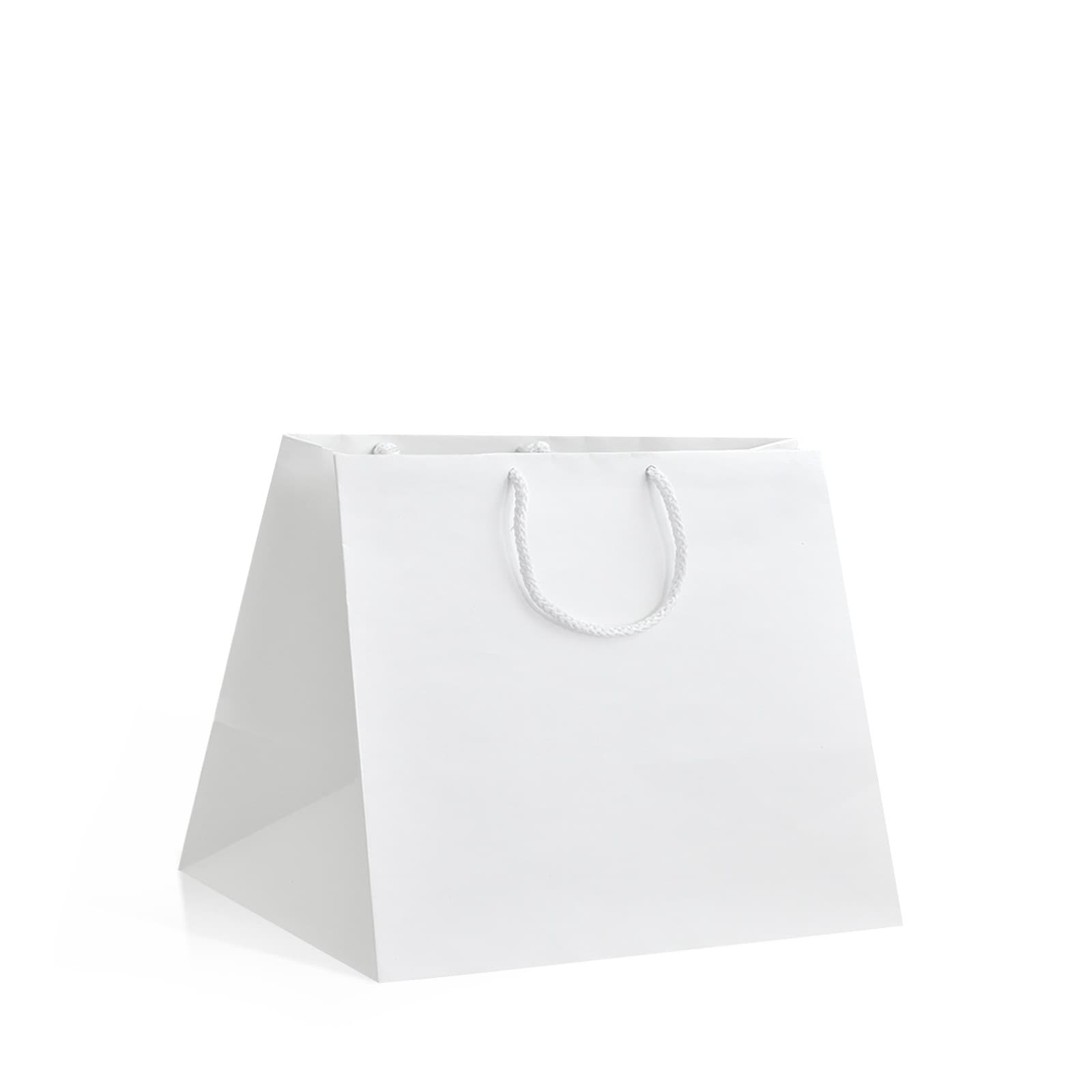 Papírová taška na menu box bílá s bílým bavlněným držadlem 28×18×25 cm