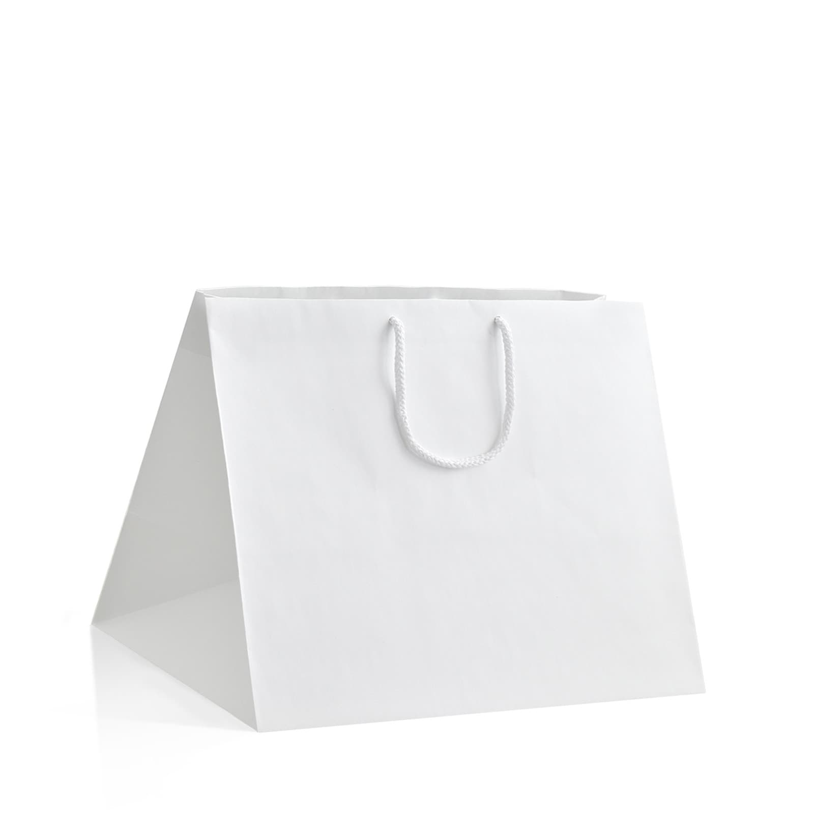 Papírová taška na menu box bílá s bílým bavlněným držadlem 34×22×28 cm