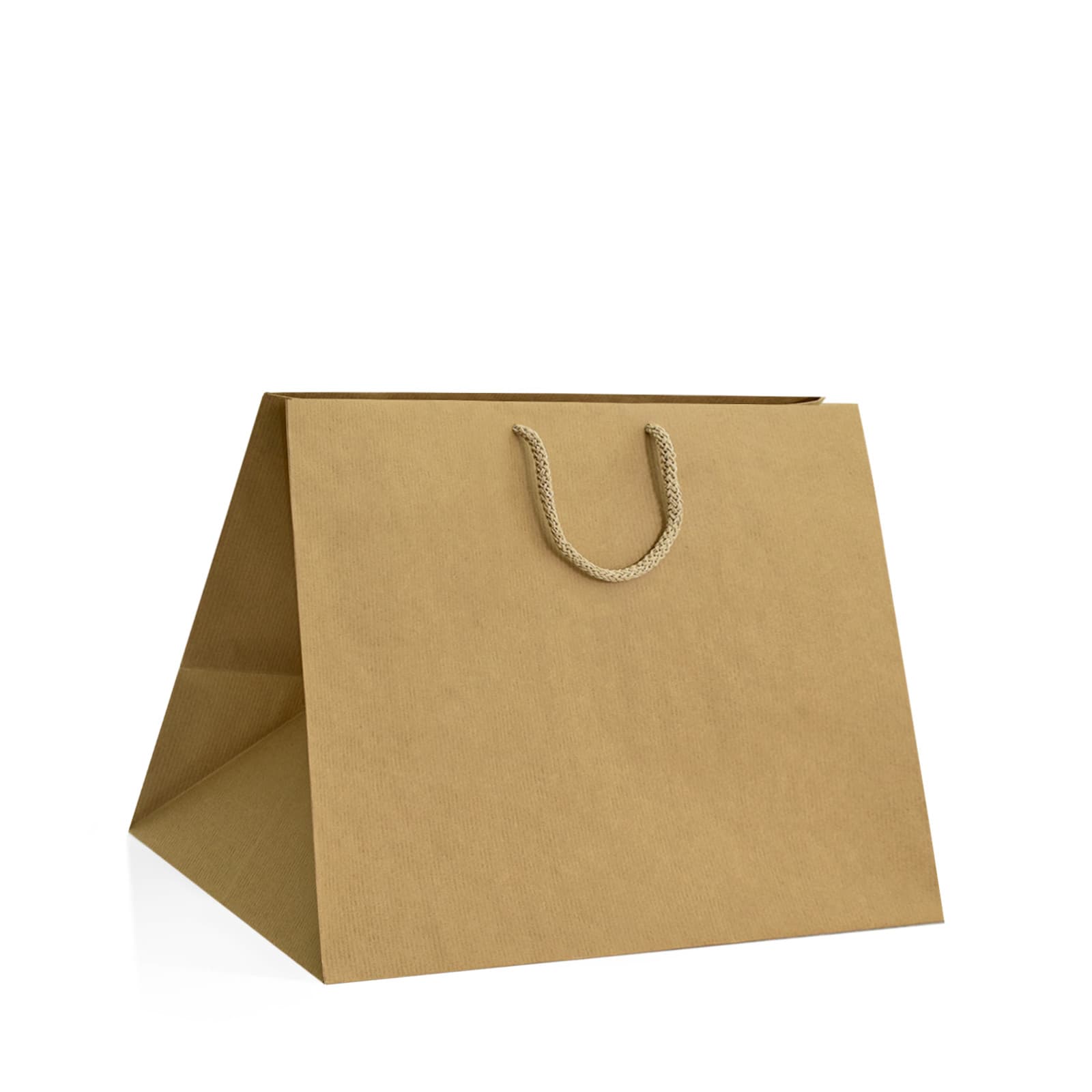 Papírová taška na menu box hnědá rýhovaná s hnědým bavlněným držadlem 34×22×28 cm