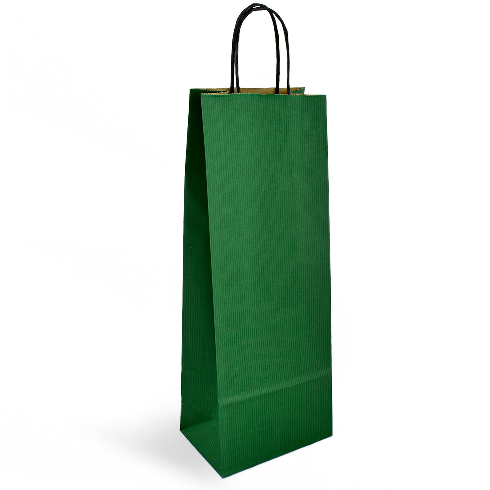 Papírová taška na víno zelená rýhovaná s černým krouceným držadlem 14×8×39 cm