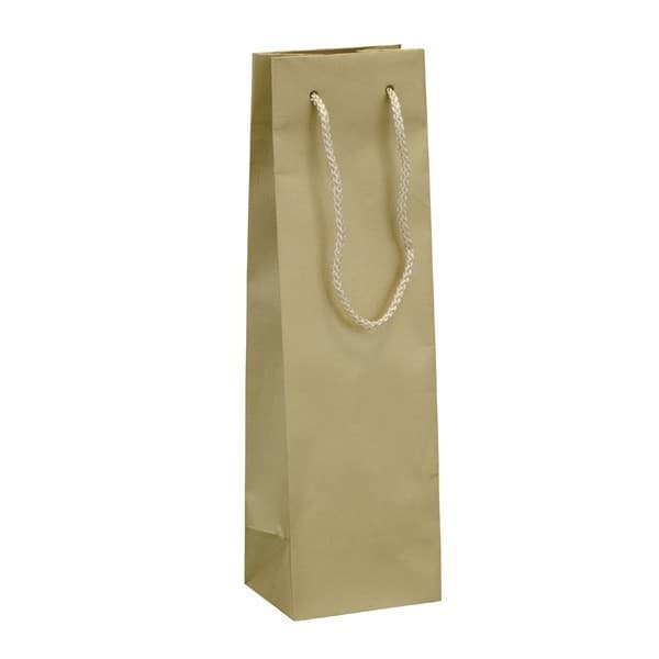 Papírová taška na víno zlatá strukturovaná se zlatým textilním držadlem 12×10×41 cm